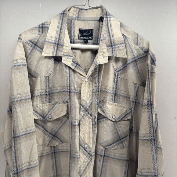 Vintage 90s Y2K Roper Pearl Snap Taupe Blue Striped Long Sleeve 2XL Shirt City - Picture 2 of 7